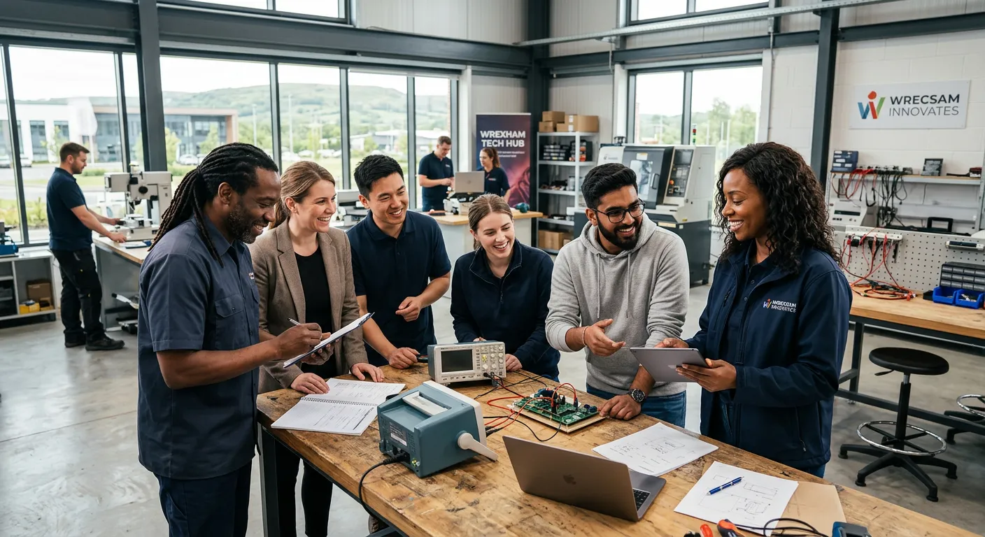 A professional, diverse group of workers collaborating in a modern light-industrial or tech-focused workspace in Wrexham, showcasing teamwork and a positive work environment. Style: Bright, realistic, and aspirational.