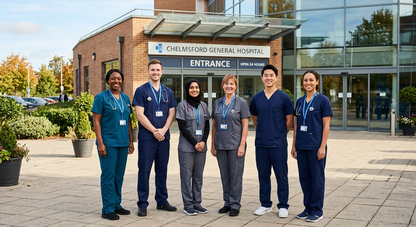 A professional, diverse group of nurses in modern scrubs, smiling confidently, standing outside a Ch... A professional, diverse group of nurses in modern scrubs, smiling confidently, standing outside a Chelmsford hospital or clinic entrance, conveying trust and capability in a healthcare setting. Style: Authentic, high-resolution professional photo with a warm, approachable mood.