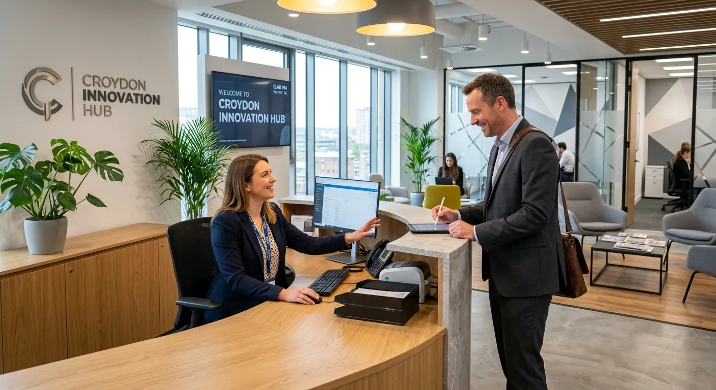 A modern, professional reception area in a Croydon office building, featuring a smiling, well-dresse... A modern, professional reception area in a Croydon office building, featuring a smiling, well-dressed receptionist assisting a visitor. Style should be bright, crisp, and convey efficiency and welcome.