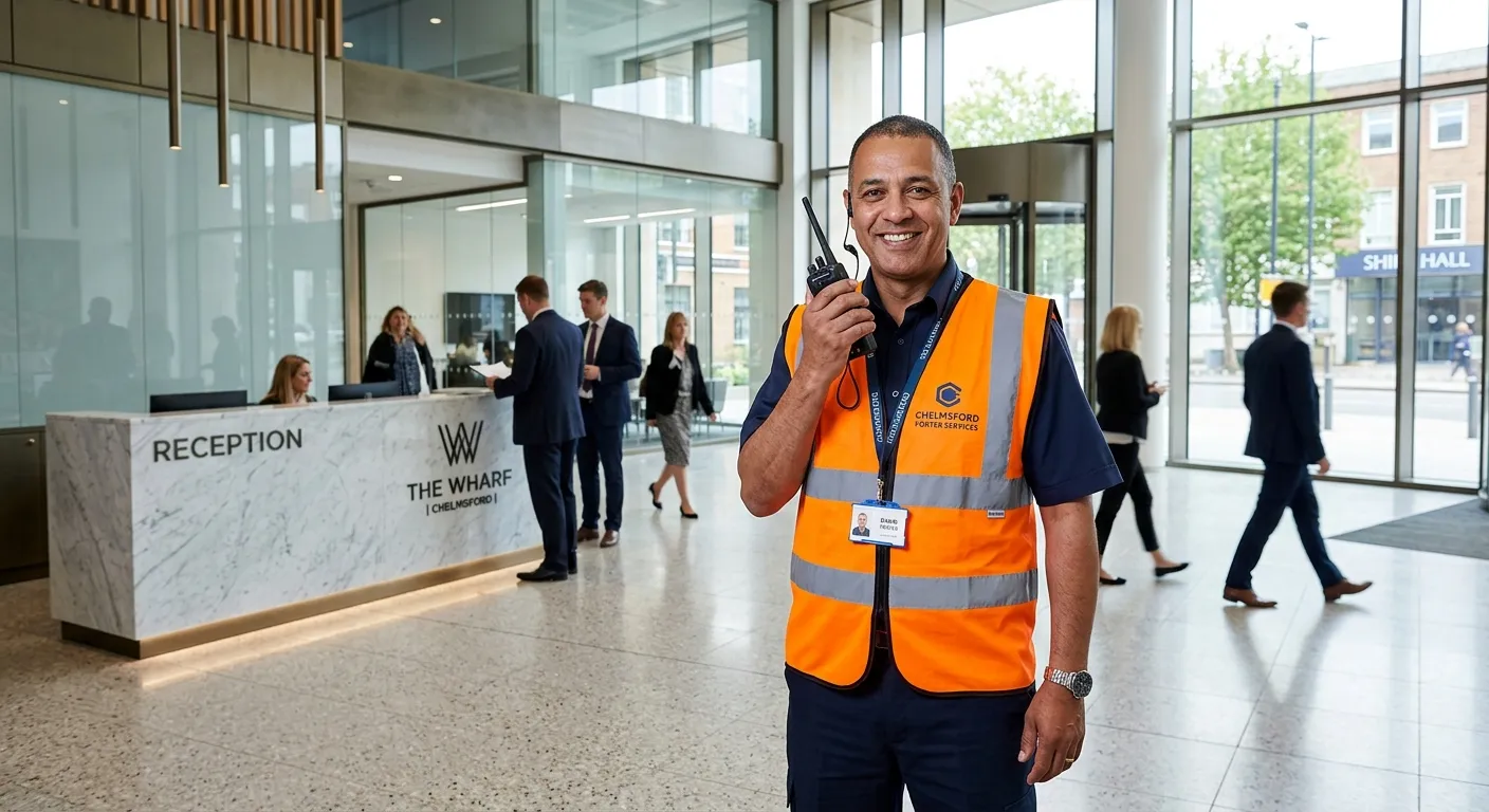 A professional, friendly porter in a high-visibility vest smiling and holding a walkie-talkie, standing in a clean, modern building lobby in Chelmsford. The image should convey trust, reliability, and a busy, professional environment.