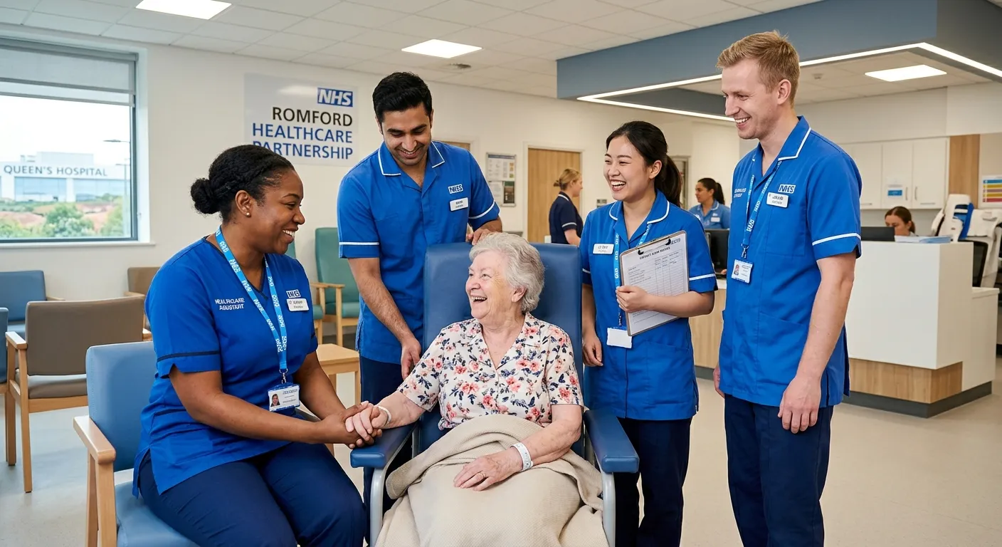 A professional, welcoming photo of a diverse team of Healthcare Assistants in a modern Romford RM1 h... A professional, welcoming photo of a diverse team of Healthcare Assistants in a modern Romford RM1 healthcare setting, smiling and assisting a patient. Style: Warm, authentic, and trustworthy.