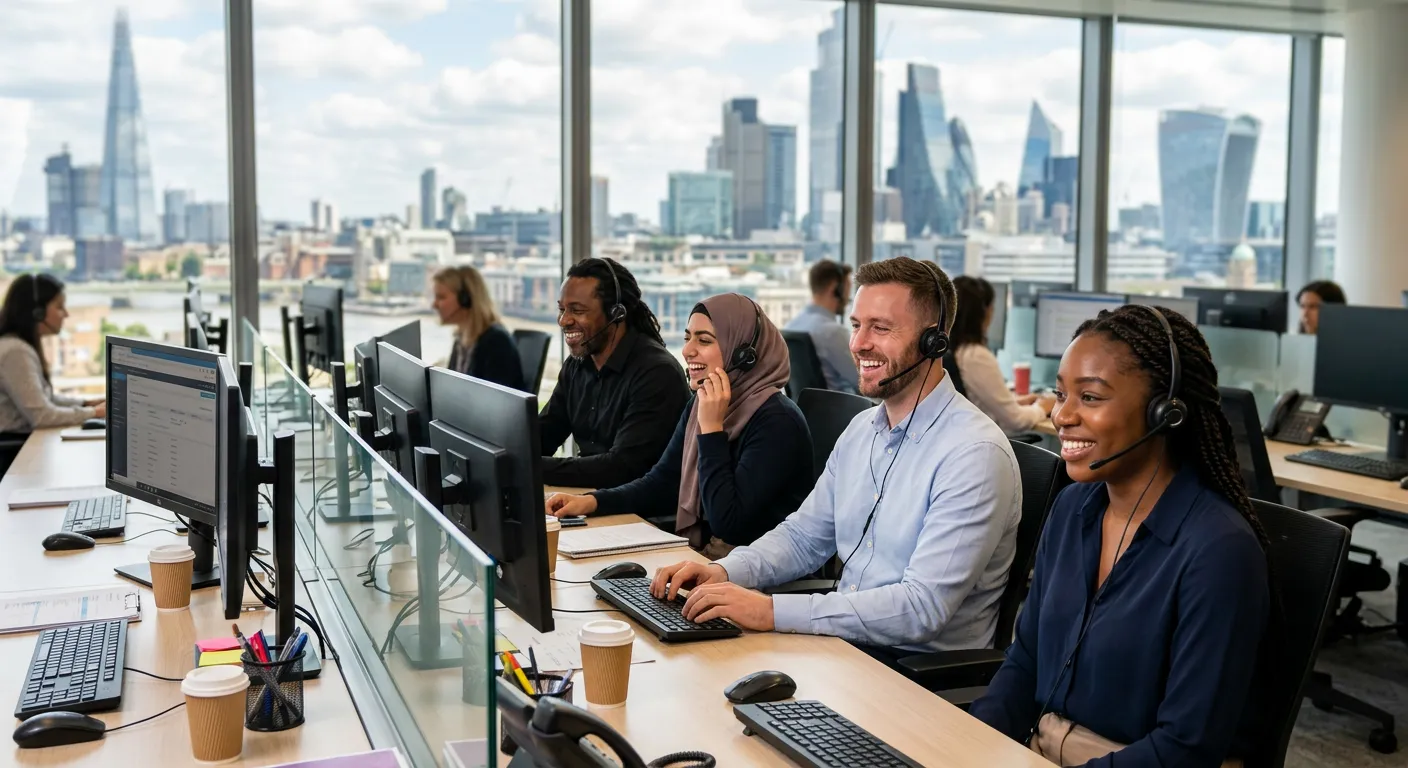 A professional, diverse team of call centre operators in a modern London office, wearing headsets and smiling, with a blurred cityscape of the EC4 financial district in the background. Style: Professional, welcoming, high-quality stock photo.