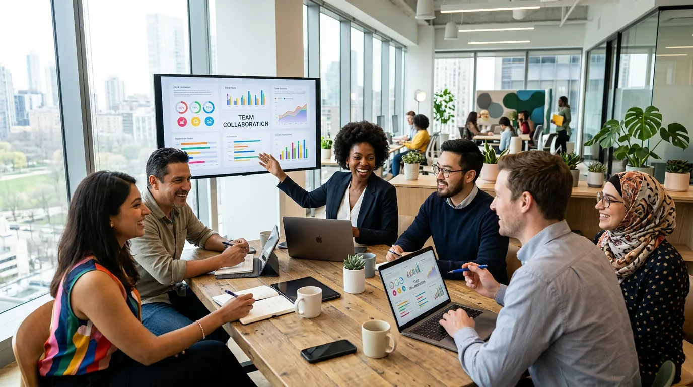 A dynamic, professional hero image showing a diverse team of modern professionals collaborating in a... A dynamic, professional hero image showing a diverse team of modern professionals collaborating in a bright, contemporary office. Focus on collaboration, technology, and human connection. Style: Bright, optimistic, high-resolution professional stock photo.