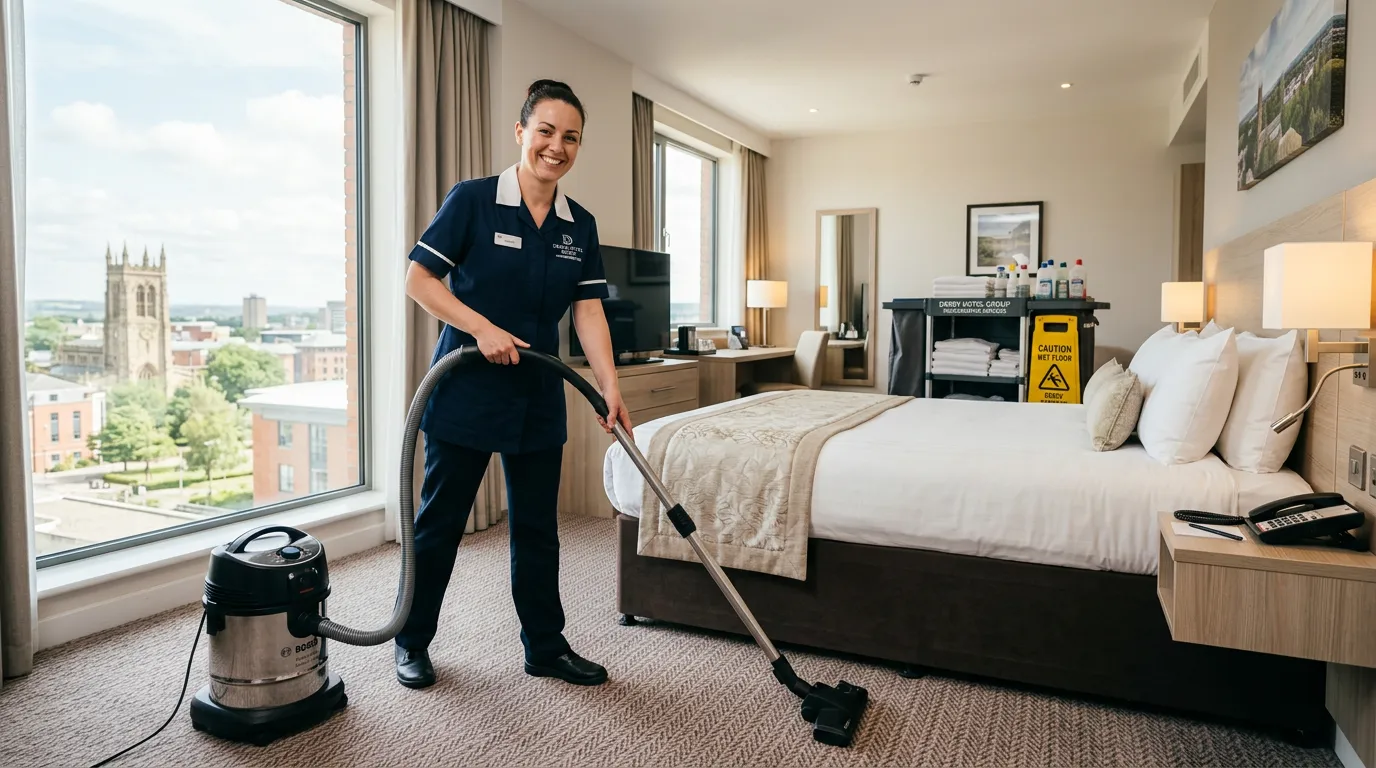 Professional hero image showing a friendly, efficient housekeeping staff member in a crisp uniform,... Professional hero image showing a friendly, efficient housekeeping staff member in a crisp uniform, smiling while cleaning a modern, well-lit hotel room or corporate office in Derby, conveying trust and professionalism.