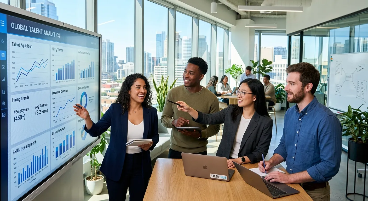 A diverse group of modern professionals collaborating in a bright, sunlit office. They are gathered... A diverse group of modern professionals collaborating in a bright, sunlit office. They are gathered around a large digital screen displaying data analytics and talent metrics. Style: Professional, vibrant, and forward-looking. Mood: Collaborative, innovative, and successful.