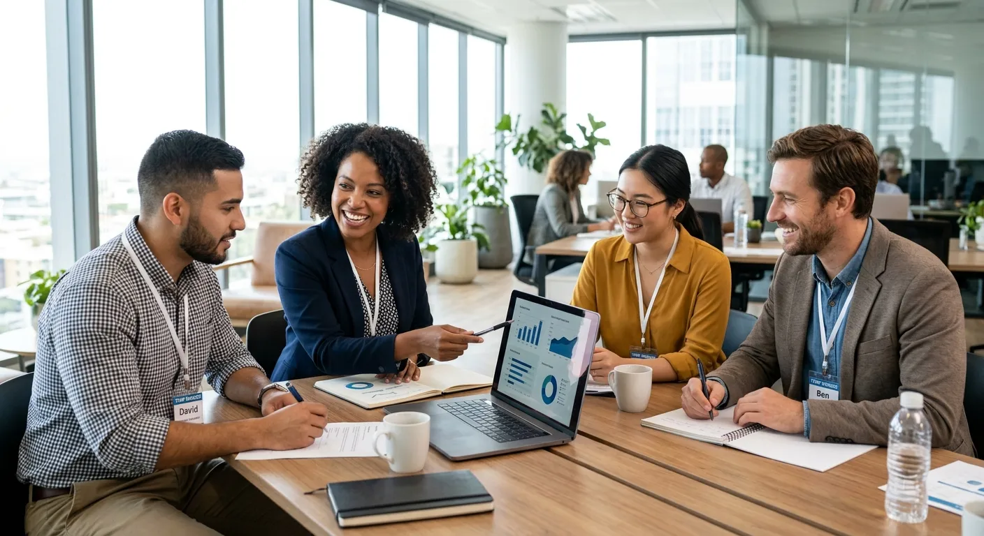 A diverse group of professional temporary workers collaborating in a modern, bright office environment. Style: High-resolution, professional business photography with a focus on teamwork and positive energy.