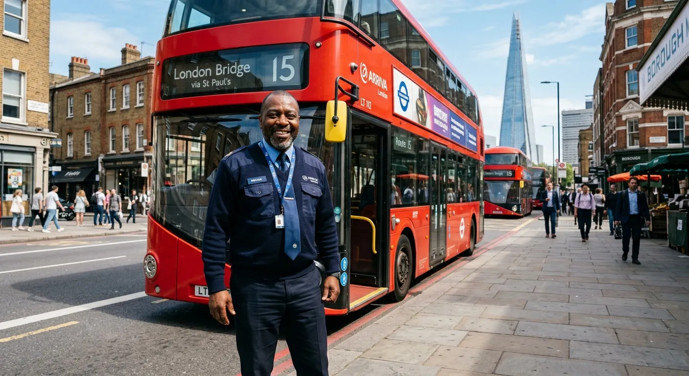 A professional, smiling bus driver in uniform standing by his bus on a sunny day in a London SE1 set... A professional, smiling bus driver in uniform standing by his bus on a sunny day in a London SE1 setting, like near London Bridge or Borough Market. He looks confident and happy.