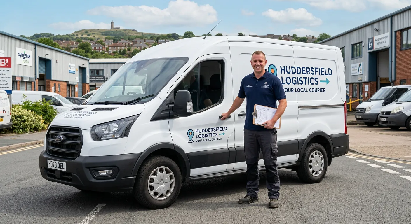 A professional, confident driver in a clean uniform standing next to a modern van in a Huddersfield industrial estate, smiling and holding a delivery manifest. The image conveys reliability and local service.