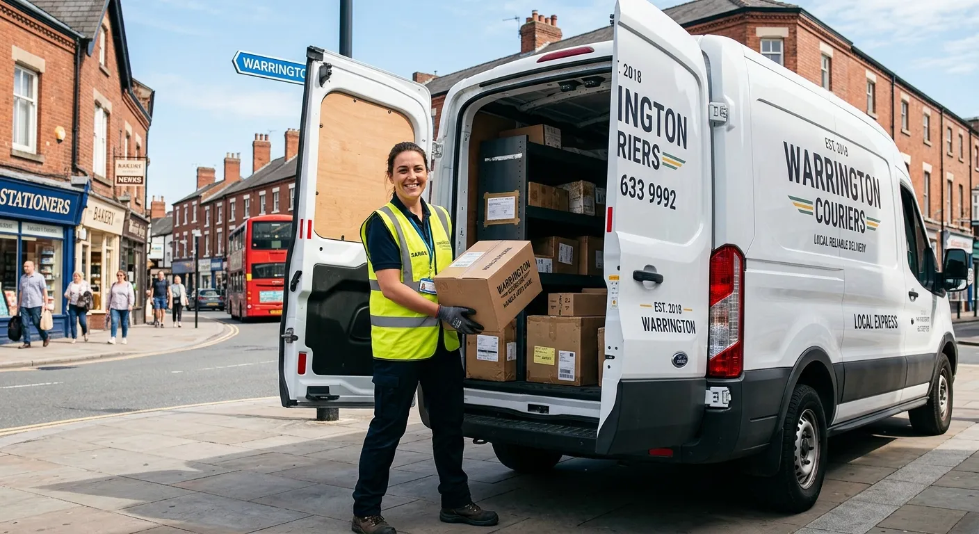 A professional and trustworthy-looking van driver in a hi-vis vest, smiling and loading packages int... A professional and trustworthy-looking van driver in a hi-vis vest, smiling and loading packages into a clean, modern van on a street in Warrington, with a bright, clear sky. Style: Authentic, aspirational, local feel.