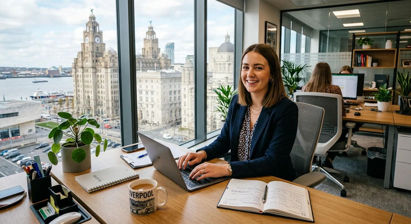A professional, smiling Personal Assistant working at a modern desk in a Liverpool city centre offic... A professional, smiling Personal Assistant working at a modern desk in a Liverpool city centre office, with a laptop, diary, and cityscape view through a window.