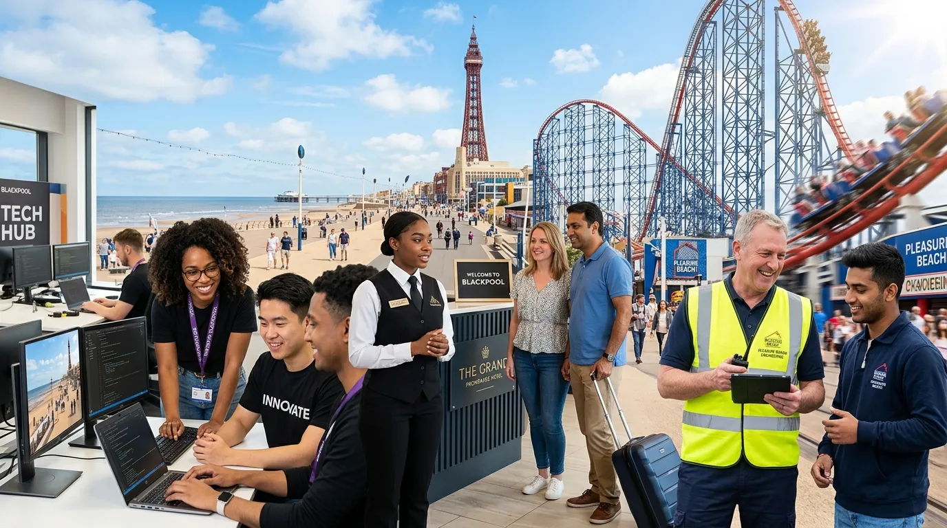A dynamic, professional hero image showing a diverse group of people working in modern Blackpool set... A dynamic, professional hero image showing a diverse group of people working in modern Blackpool settings - perhaps at the Pleasure Beach, in a hotel, or at a tech office. The style should be vibrant, optimistic, and convey opportunity.