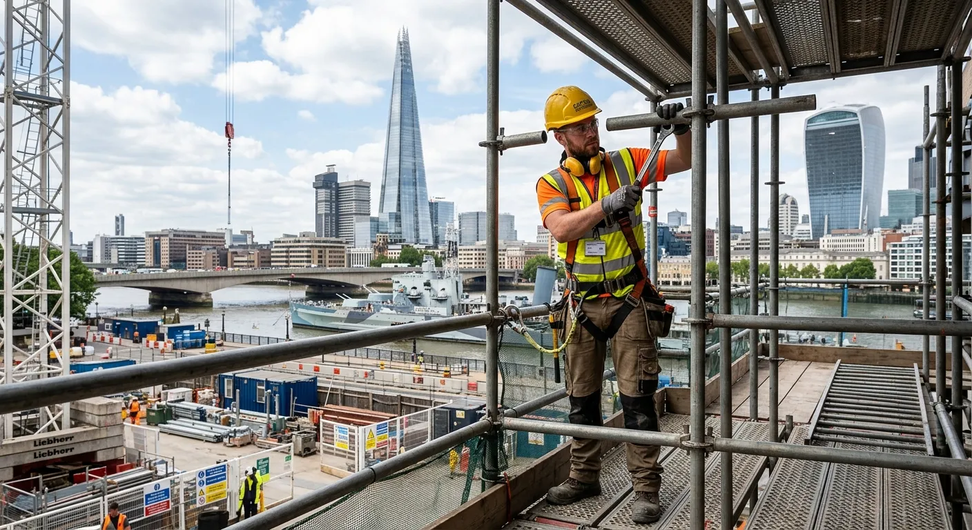 Professional, dynamic hero image showing a scaffolder in full PPE (hard hat, hi-vis vest, harness) s... Professional, dynamic hero image showing a scaffolder in full PPE (hard hat, hi-vis vest, harness) safely assembling scaffolding on a modern construction site in Central London, with recognizable London SE1 landmarks like The Shard or London Bridge in the background. The image should convey professionalism, safety, and the dynamic urban construction environment.