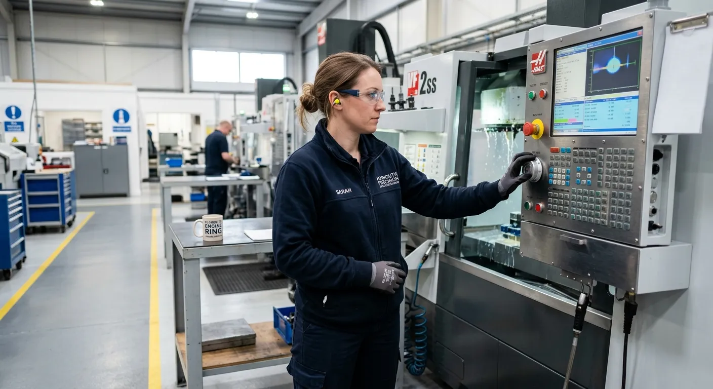 A professional, well-lit photograph of a skilled machine operator in a clean, modern manufacturing environment in Plymouth. The operator is focused, wearing safety glasses, operating a CNC machine control panel. The mood is professional, efficient, and local, with subtle visual cues like a 'Plymouth' branded item in the background.