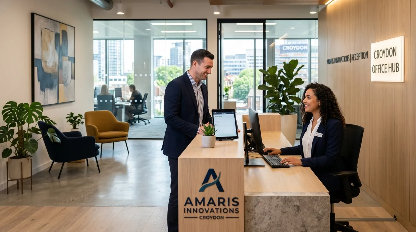 Professional hero image of a modern, bright reception area in a Croydon office building, featuring a... Professional hero image of a modern, bright reception area in a Croydon office building, featuring a smiling, well-dressed receptionist assisting a visitor. Style is professional, clean, and inviting.