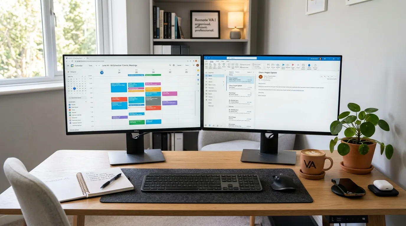 A modern, organised home office desk setup with dual monitors showing a calendar and email client, a... A modern, organised home office desk setup with dual monitors showing a calendar and email client, a notebook, a plant, and a cup of coffee, representing the professional remote Virtual Assistant environment.
