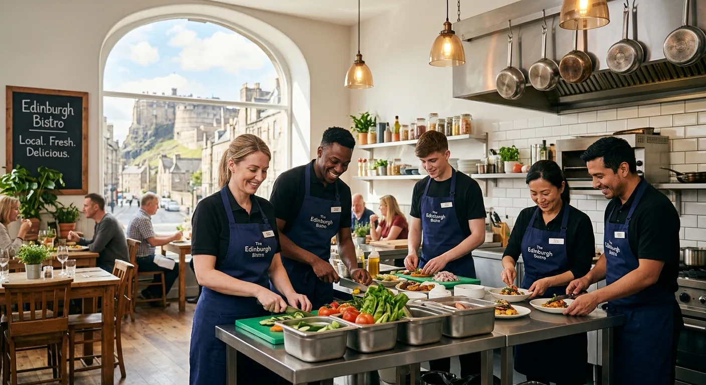 A diverse, professional team of restaurant assistants in a modern, bright Edinburgh kitchen and dining area, smiling and working together. Style: professional, inviting, high-resolution stock photo. Mood: energetic, collaborative, and welcoming.