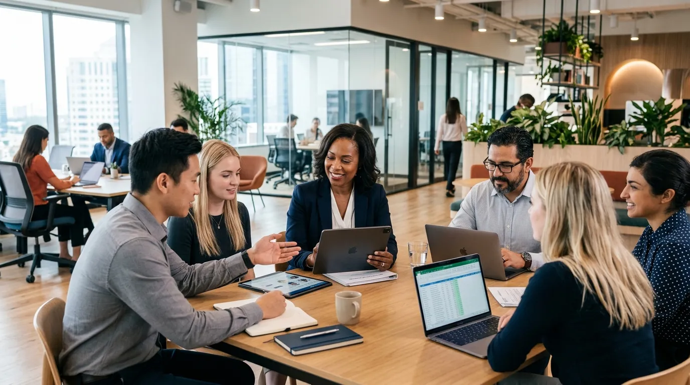 A dynamic, professional hero image showing a diverse team of professionals collaborating in a modern... A dynamic, professional hero image showing a diverse team of professionals collaborating in a modern office environment, with a focus on a hiring manager reviewing candidate profiles on a digital tablet. Style: Bright, optimistic, high-resolution. Mood: Professional, efficient, forward-thinking.