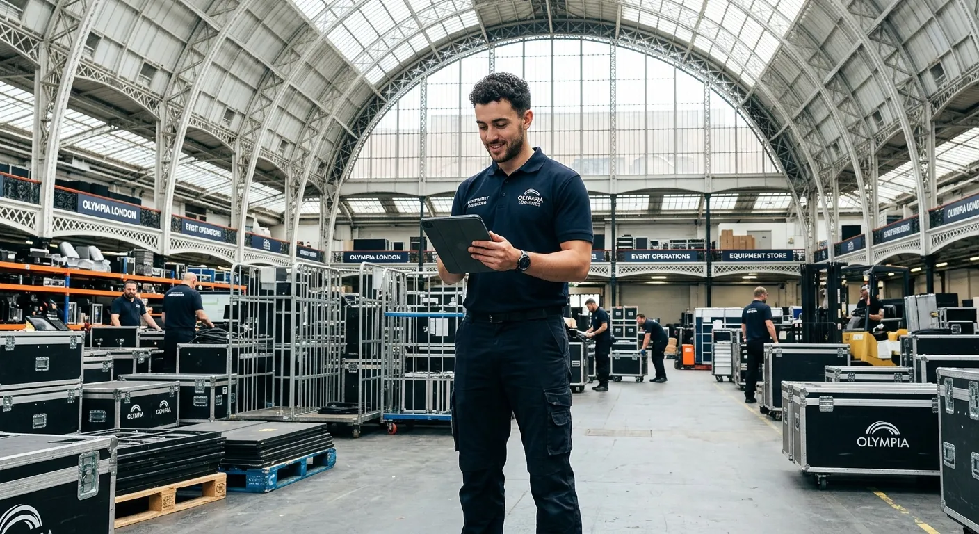 A professional, confident Equipment Manager in a modern warehouse or event hall setting, checking in... A professional, confident Equipment Manager in a modern warehouse or event hall setting, checking inventory on a tablet, with the iconic architecture of Olympia London visible in the background. Style: professional, inspiring, well-lit.