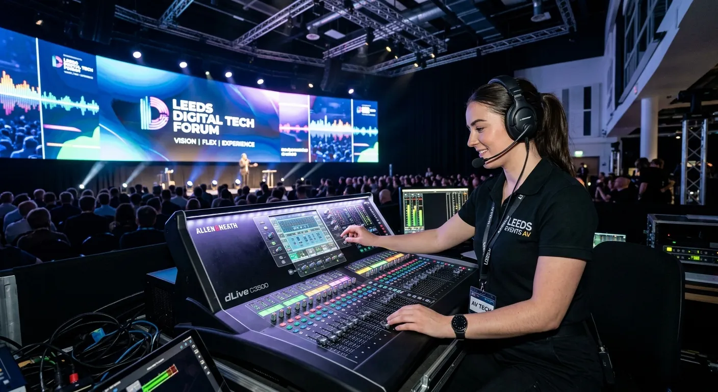Professional, modern photo of a CV/AV Technician working in a state-of-the-art events venue in Leeds... Professional, modern photo of a CV/AV Technician working in a state-of-the-art events venue in Leeds, wearing a headset and confidently operating a sound mixing desk with a large LED screen backdrop, conveying expertise and a dynamic work environment. High-quality, bright, and aspirational.