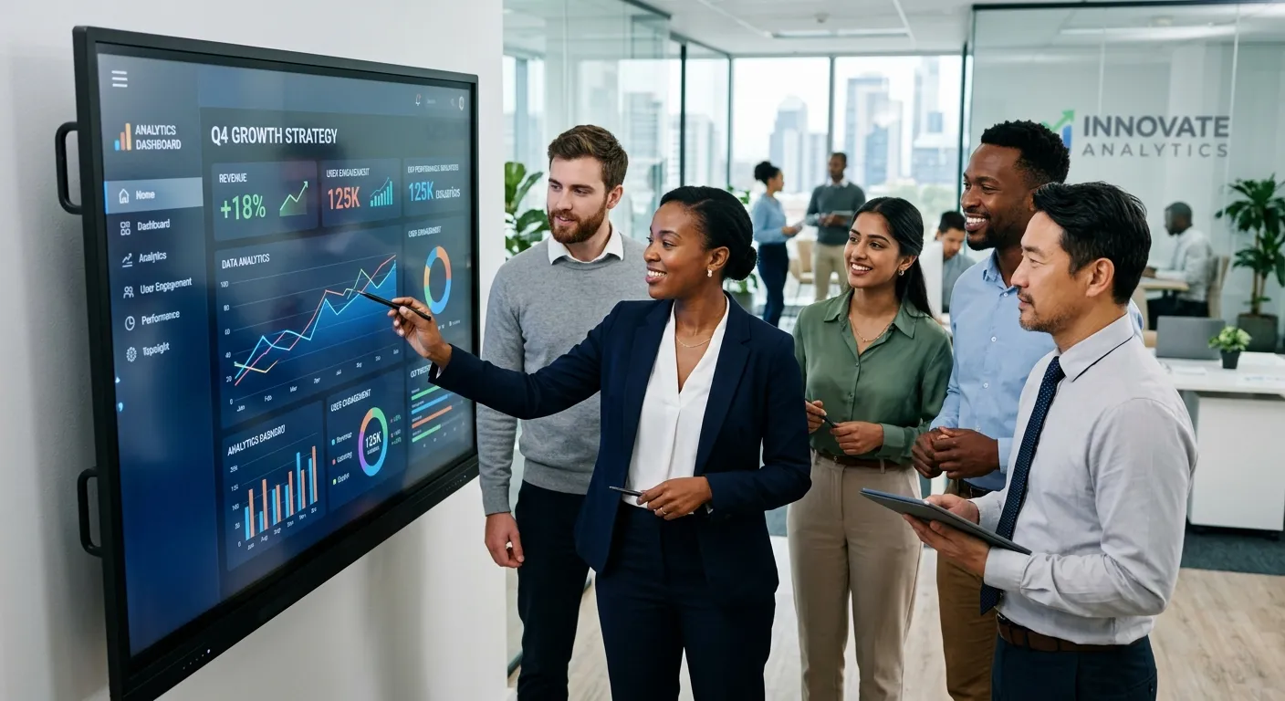 A diverse group of professional, confident employees in a modern office setting, collaborating aroun... A diverse group of professional, confident employees in a modern office setting, collaborating around a digital screen showing analytics. Style: Professional, high-resolution, vibrant. Mood: Innovative, successful, and forward-thinking.