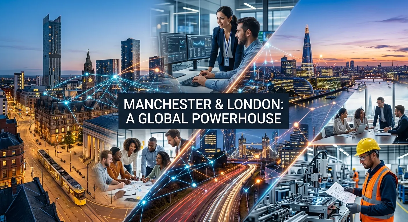 A dynamic, professional composite image showing the modern skylines of Manchester and London with tr... A dynamic, professional composite image showing the modern skylines of Manchester and London with translucent overlays of diverse professionals in office, industrial, and tech settings. Style: Professional, vibrant, and aspirational. Mood: Energetic, connected, and forward-thinking.