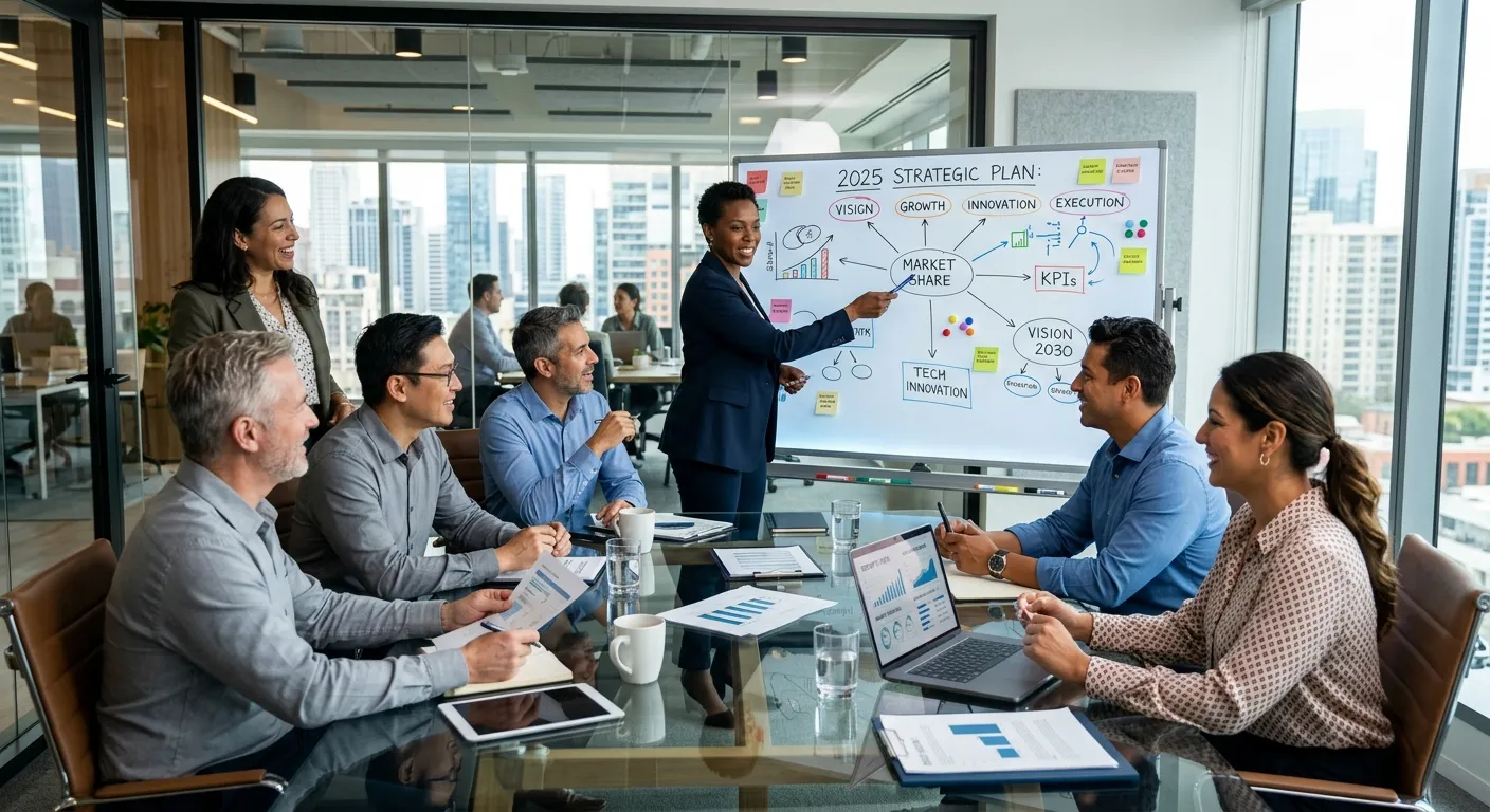A diverse, high-performing team in a modern office collaborating, with a focus on leadership and str... A diverse, high-performing team in a modern office collaborating, with a focus on leadership and strategic planning. Professional, vibrant, and aspirational mood.