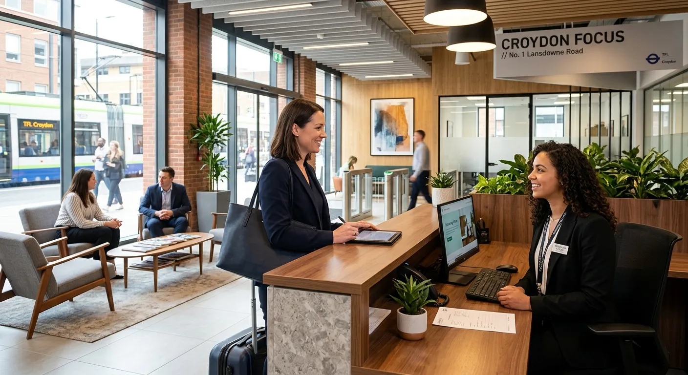 A professional, well-lit photograph of a modern, bustling reception area in a Croydon office buildin... A professional, well-lit photograph of a modern, bustling reception area in a Croydon office building or hotel. A friendly, well-dressed receptionist smiles while assisting a visitor. The mood is welcoming, efficient, and professional.