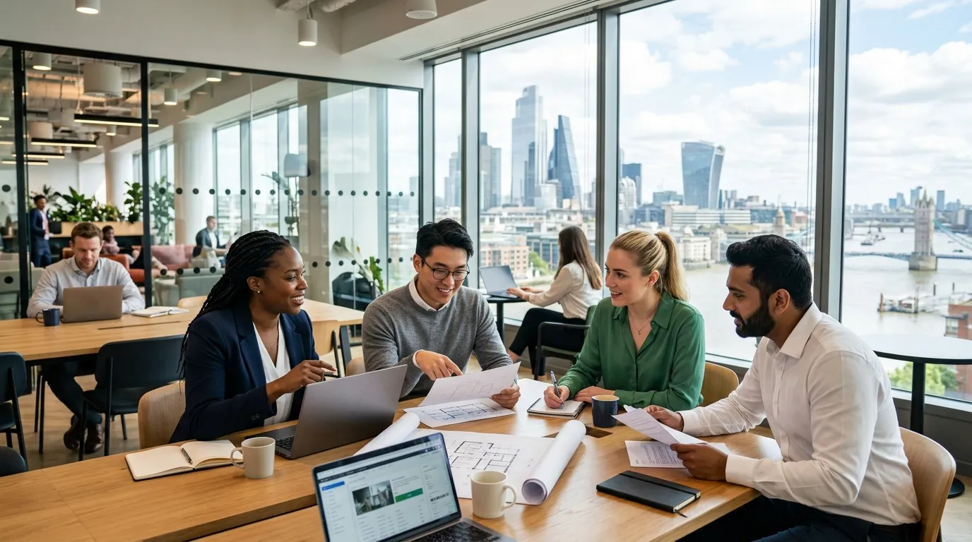 A dynamic, professional hero image showing a diverse group of temp workers collaborating in a modern... A dynamic, professional hero image showing a diverse group of temp workers collaborating in a modern London office setting, with the London skyline visible through a window. Style: Vibrant, professional, aspirational.
