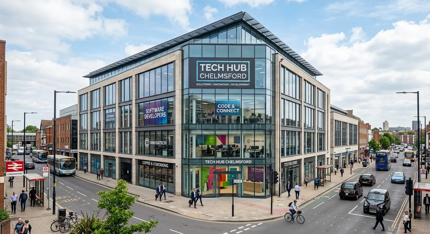 A professional, modern office building in Chelmsford city centre, with a focus on technology and business, representing the local professional environment for software developers.