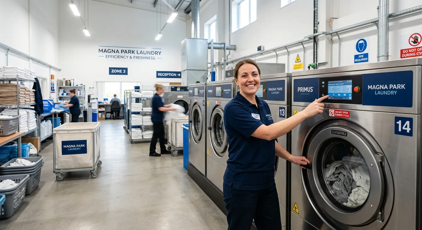 A professional and welcoming image of a modern, clean commercial laundry facility at Magna Park. A smiling, competent Laundry Attendant in uniform is operating an industrial washing machine, conveying efficiency and a positive work environment.