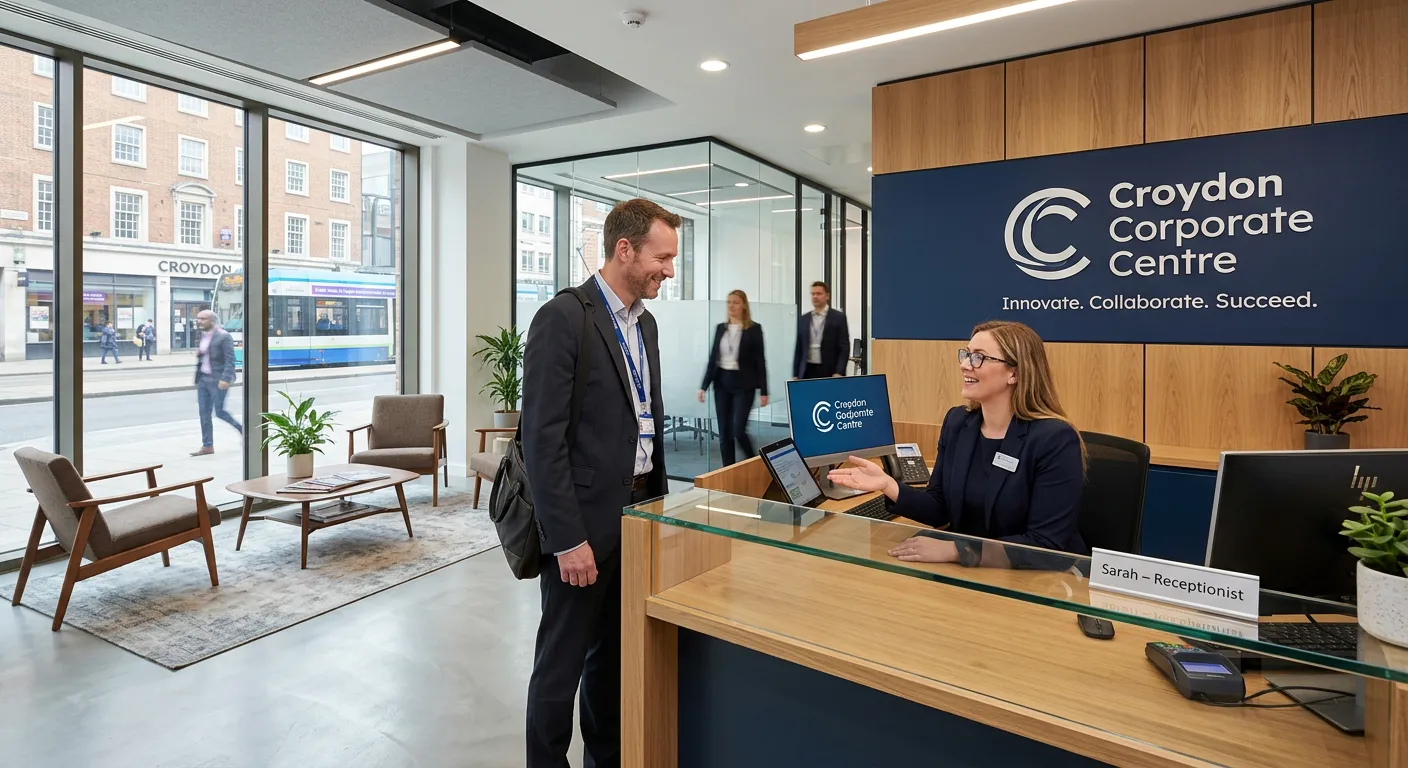 Professional, modern reception area in a Croydon office building with a friendly receptionist assisting a visitor, showcasing a bright, welcoming atmosphere with clean lines and corporate branding.