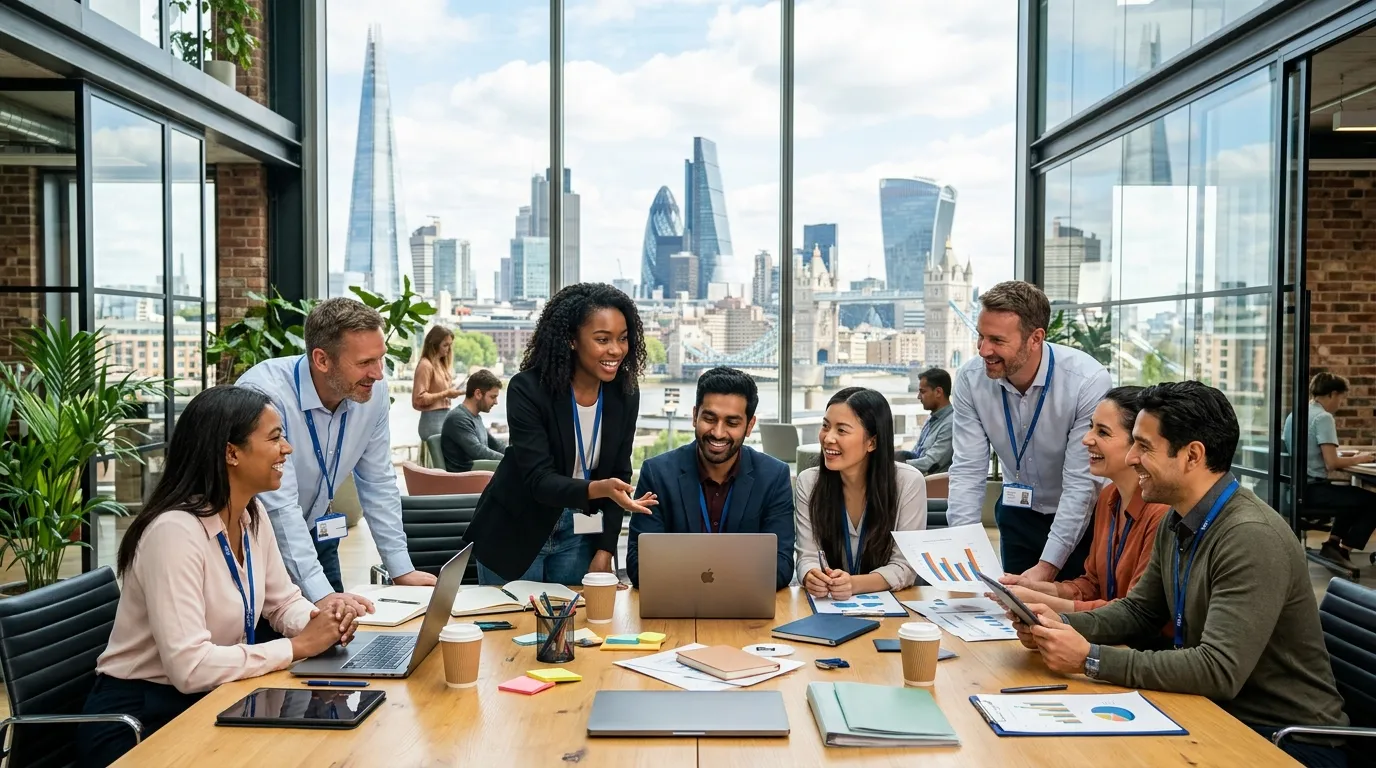 A dynamic, high-energy hero image showing a diverse group of professional temporary workers collabor... A dynamic, high-energy hero image showing a diverse group of professional temporary workers collaborating in a modern London office, with iconic London skyline visible through windows. Style: Professional, vibrant, aspirational.