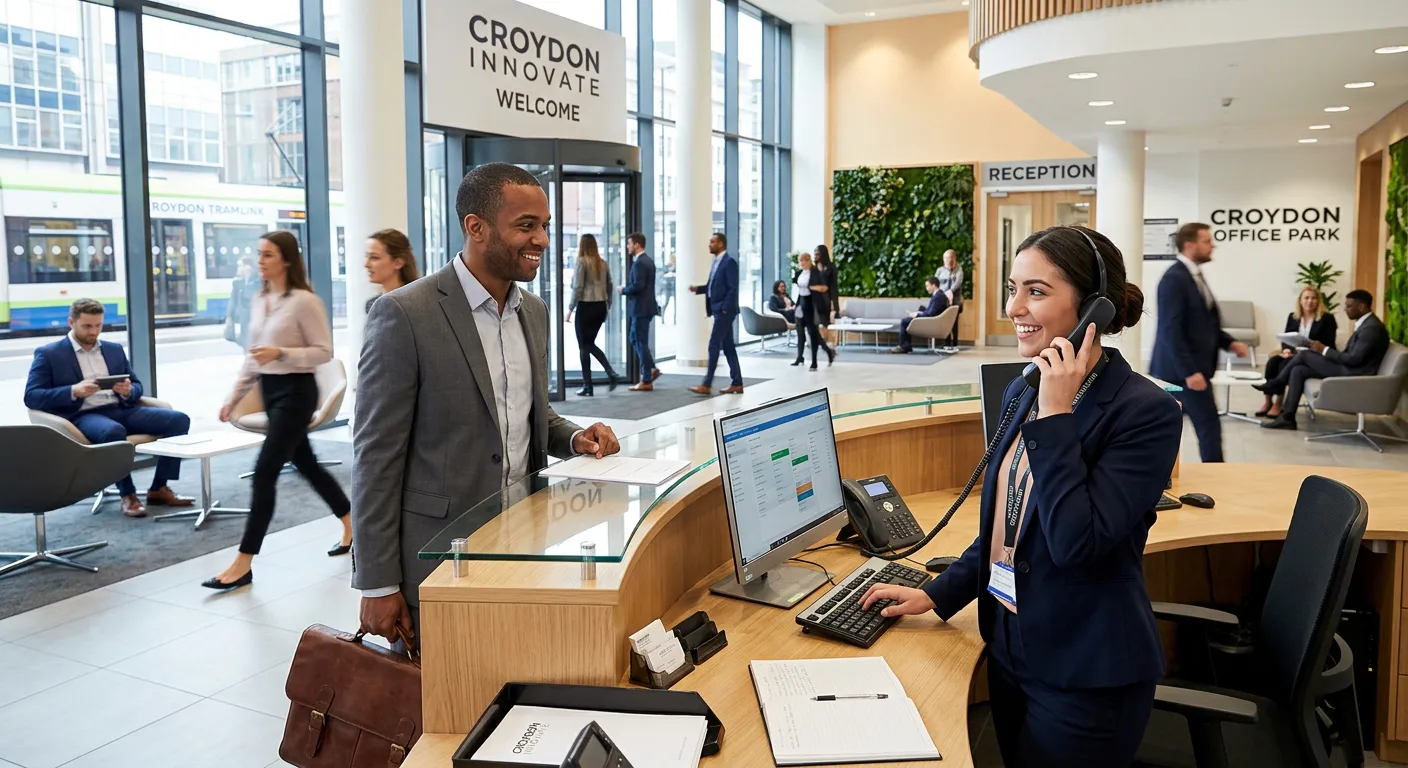 A professional, high-energy shot of a modern, busy reception area in a Croydon office building. A well-dressed receptionist smiles while assisting a visitor and handling a phone call. Style: Bright, professional, welcoming. Mood: Efficient, welcoming, and dynamic.