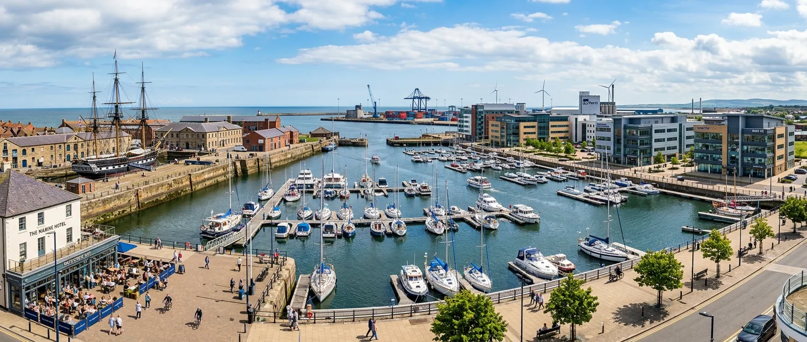A panoramic, professional shot of Hartlepool's historic waterfront and modern business park, symbolising the blend of heritage and industry in the local job market, vibrant and optimistic mood.