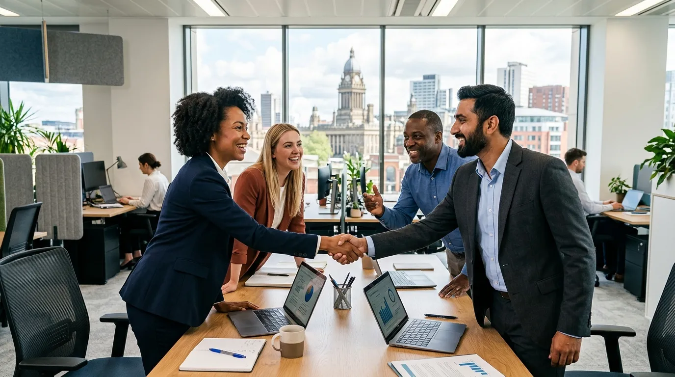 A dynamic, professional hero image showing a diverse group of professionals in a modern Leeds office setting, shaking hands and collaborating. The style should be bright, optimistic, and high-contrast, with the Leeds skyline subtly visible through a window.