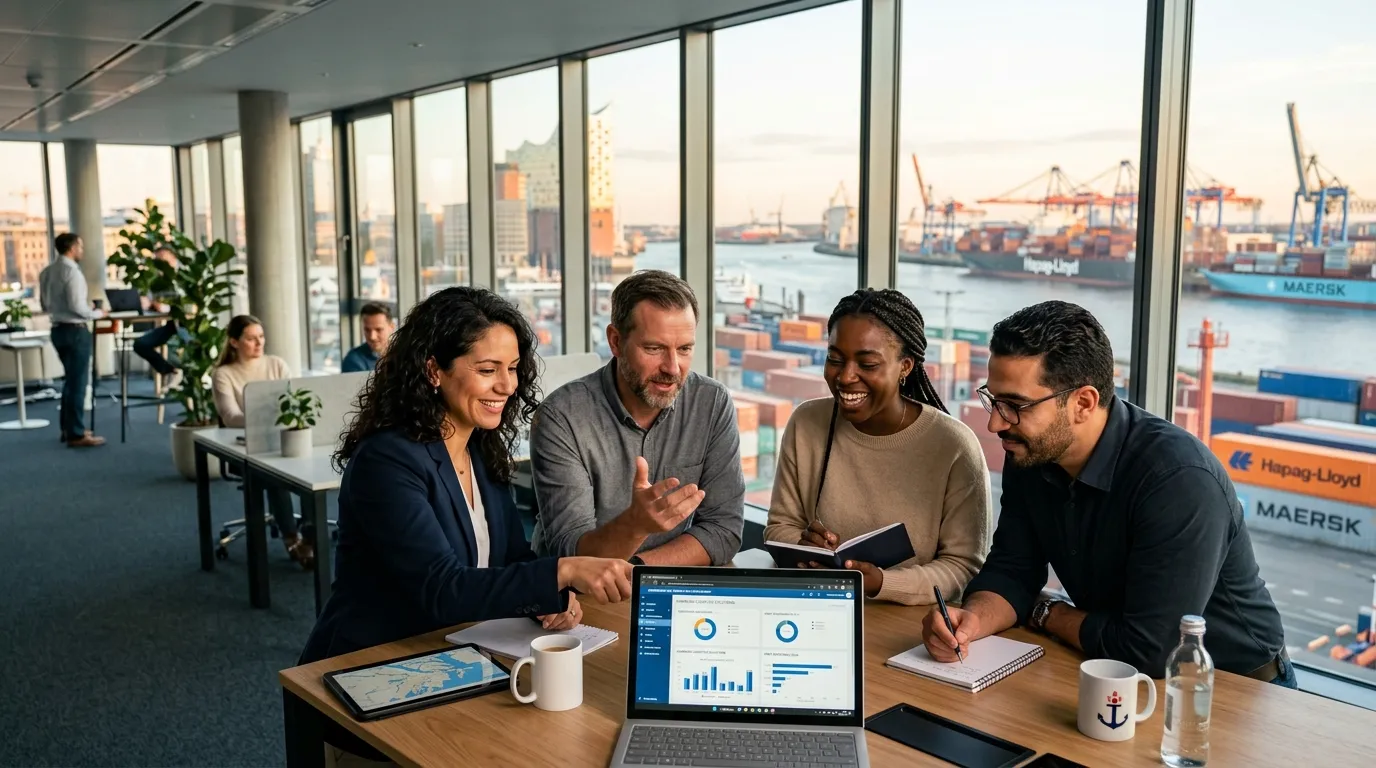 A dynamic, professional hero image showing a diverse group of professionals in a modern Hamburg offi... A dynamic, professional hero image showing a diverse group of professionals in a modern Hamburg office or port setting, collaborating over a laptop. The mood is energetic, efficient, and forward-looking.