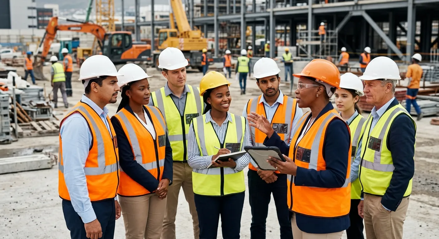 A professional, high-energy photo of a diverse group of temp workers in high-visibility vests and bu... A professional, high-energy photo of a diverse group of temp workers in high-visibility vests and business attire being briefed by a manager on a busy industrial site or modern office. Style: Dynamic, authentic, with a focus on urgency and teamwork. Mood: Efficient, solution-oriented, and professional.