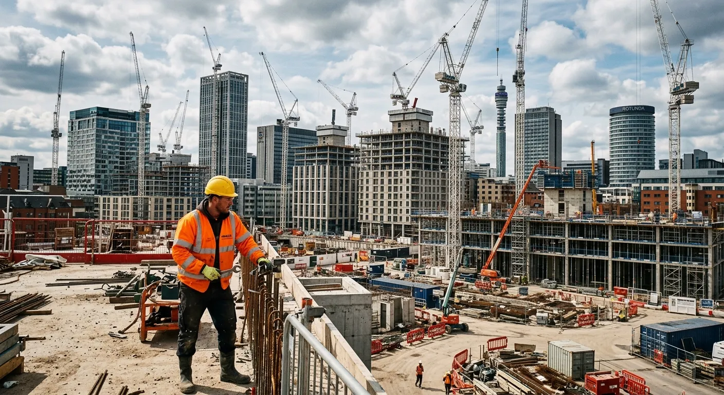 A wide-angle photo of the Birmingham city centre (B3) skyline under construction, showing cranes and active sites, with a labourer in hi-vis PPE in the foreground.