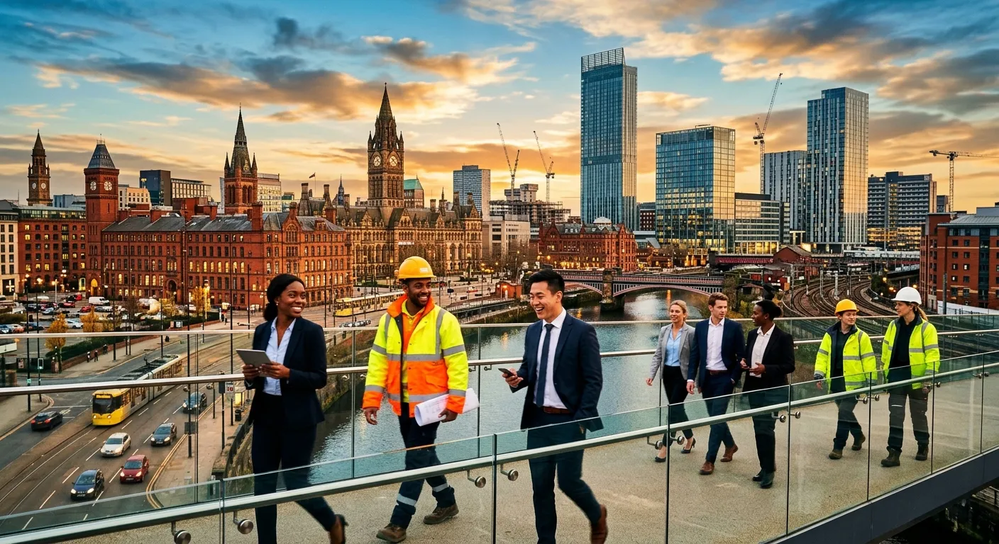 A dynamic, professional shot of Manchester's skyline blending modern office blocks with traditional... A dynamic, professional shot of Manchester's skyline blending modern office blocks with traditional architecture, overlayed with diverse professionals in business and high-vis attire, representing the city's multifaceted workforce. Style: Modern, vibrant, hopeful mood.