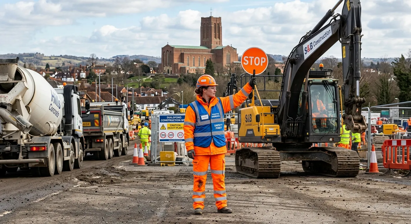 A professional Traffic Marshal in high-visibility clothing, safely directing construction vehicle traffic on a busy site in Guildford, with the historic Guildford Cathedral visible in the background. The image conveys safety, authority, and local context.