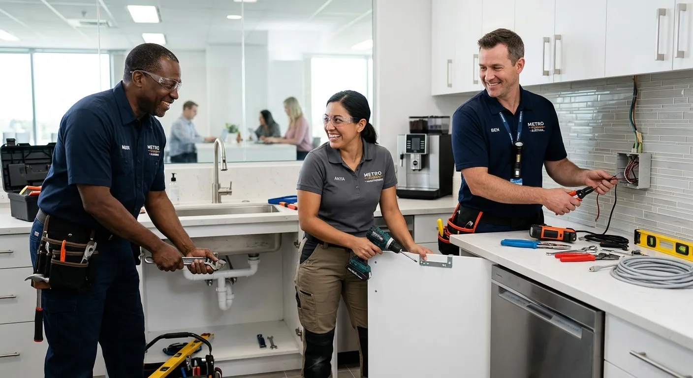 Professional photo of a diverse team of local contractors, including a plumber, electrician, and handyperson, collaborating on a small commercial repair job in a modern office kitchen. They are smiling, wearing branded workwear, and using tools. Style is bright, authentic, and professional, conveying trust and efficiency.