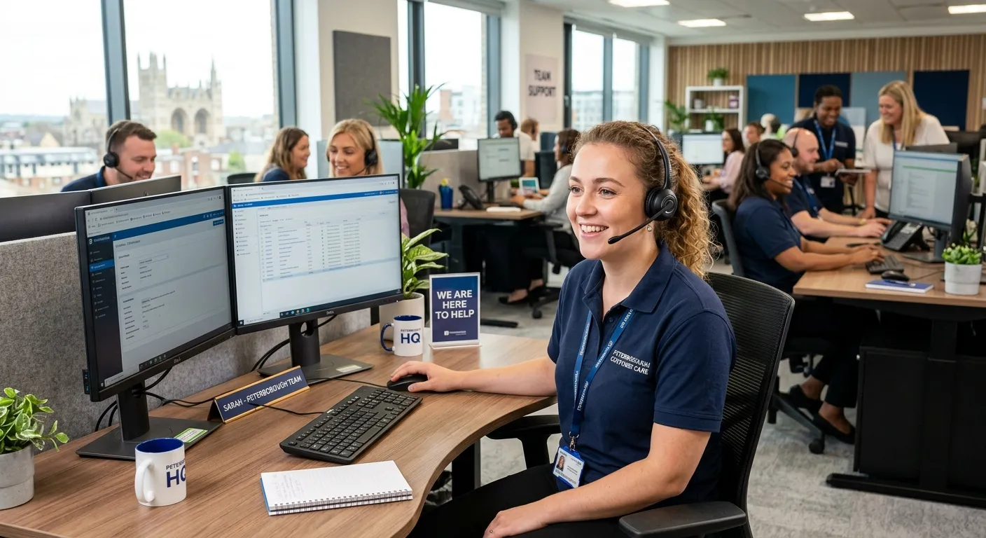 A professional, friendly Call Centre Agent in a modern office environment in Peterborough, smiling while wearing a headset, with a supportive team in the background. Style: Bright, welcoming, professional. Mood: Energetic and approachable.