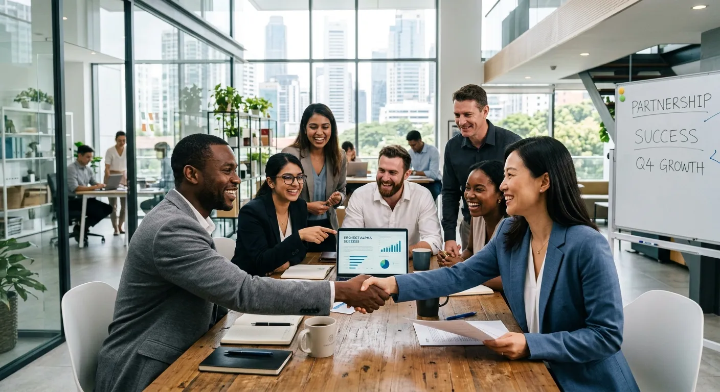 A modern, diverse group of professionals in a bright office setting, some shaking hands, some collab... A modern, diverse group of professionals in a bright office setting, some shaking hands, some collaborating over a laptop. Style is professional, crisp, and energetic, conveying partnership and success.