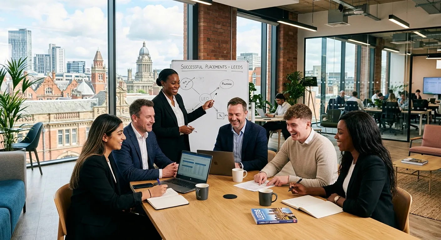 A professional, diverse group of employees collaborating in a modern Leeds office, representing successful placements