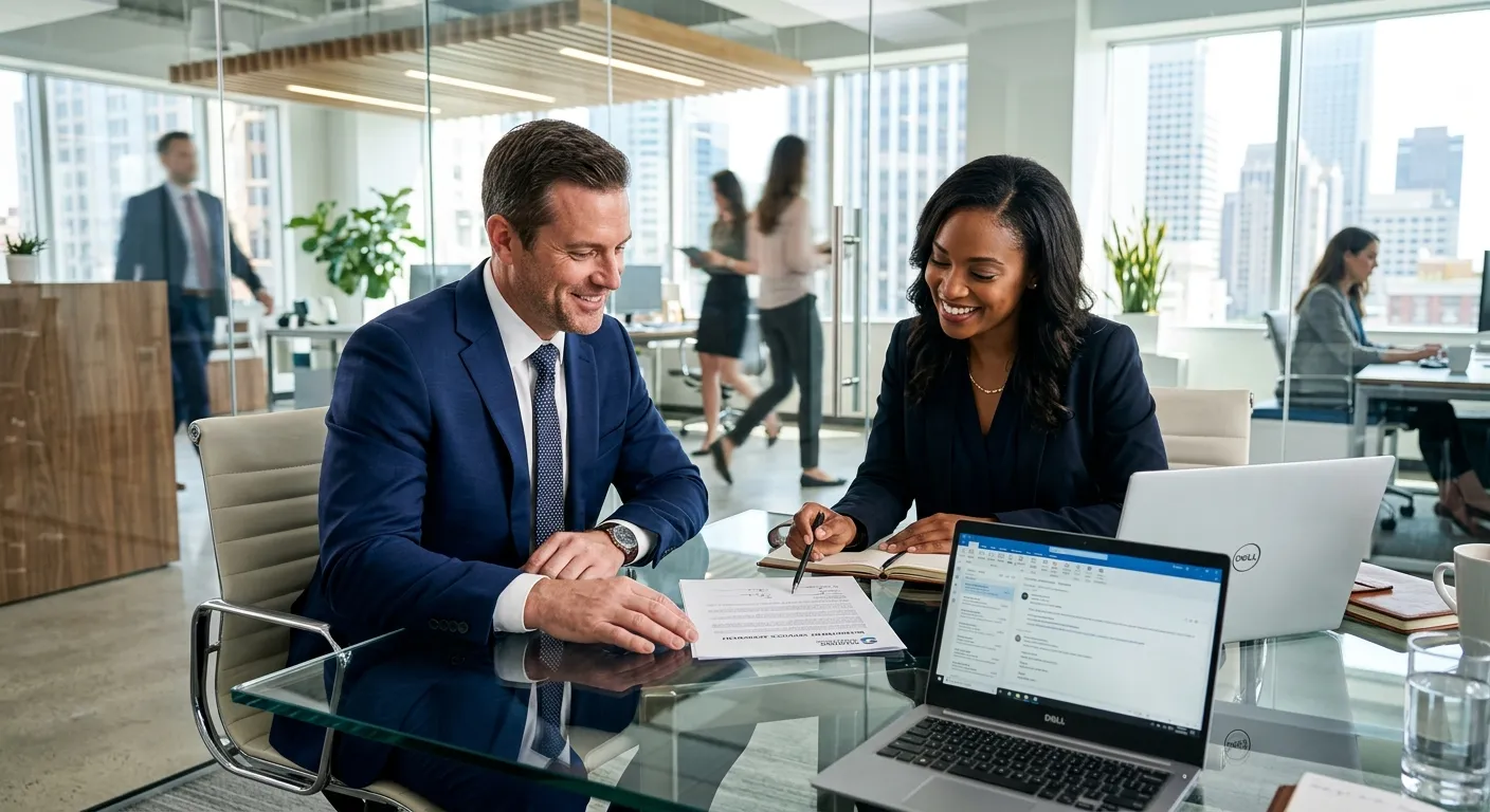 A professional, modern office scene with a hiring manager in a suit reviewing a contract with a staffing agency representative. They are at a glass table with a laptop and documents, smiling. Style: Corporate, bright, high-contrast, professional mood.
