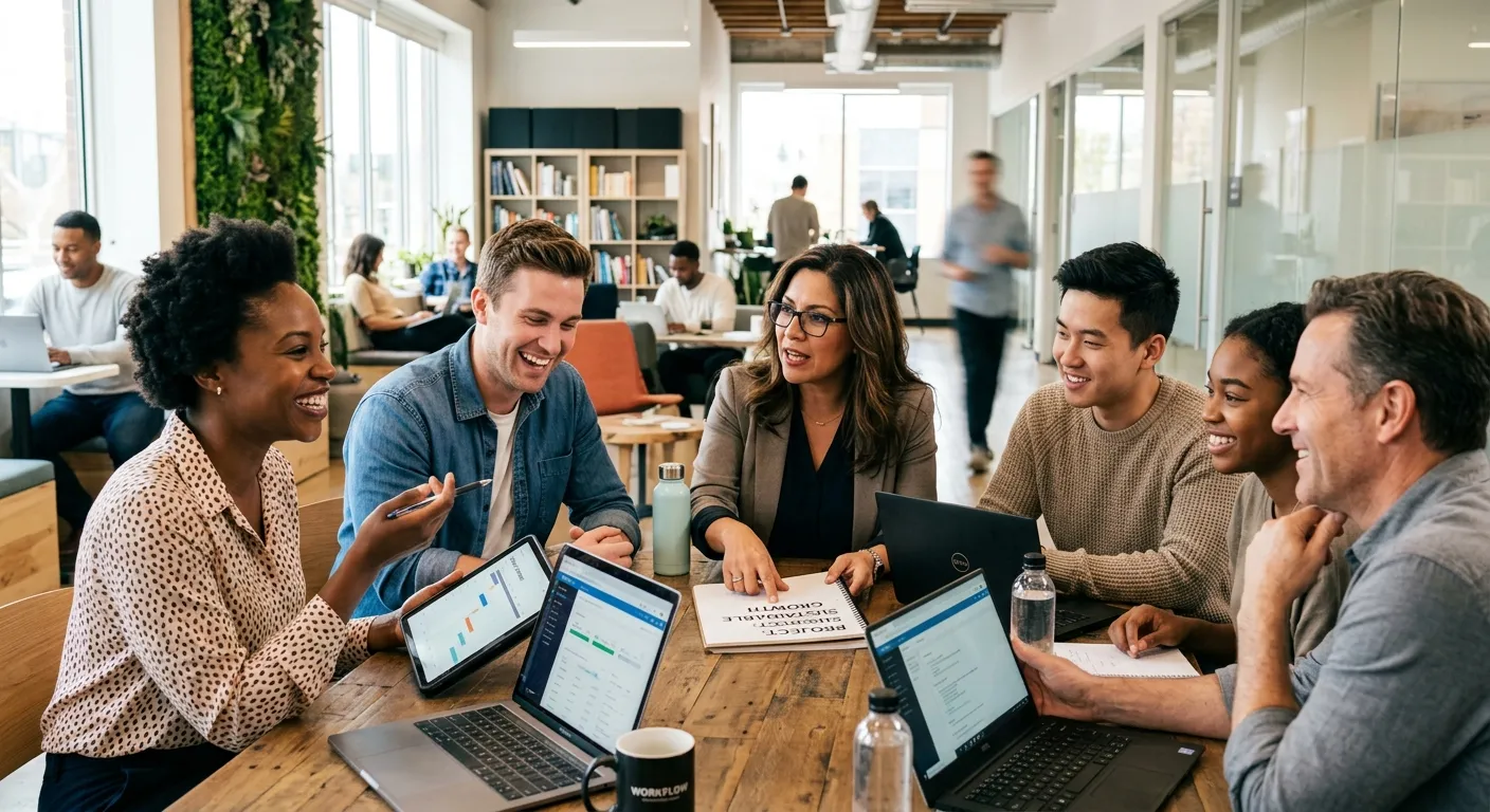 A diverse group of professional, engaged part-time workers in a modern collaborative workspace, smiling and discussing a project. Style is professional, bright, and aspirational, showing energy and teamwork.