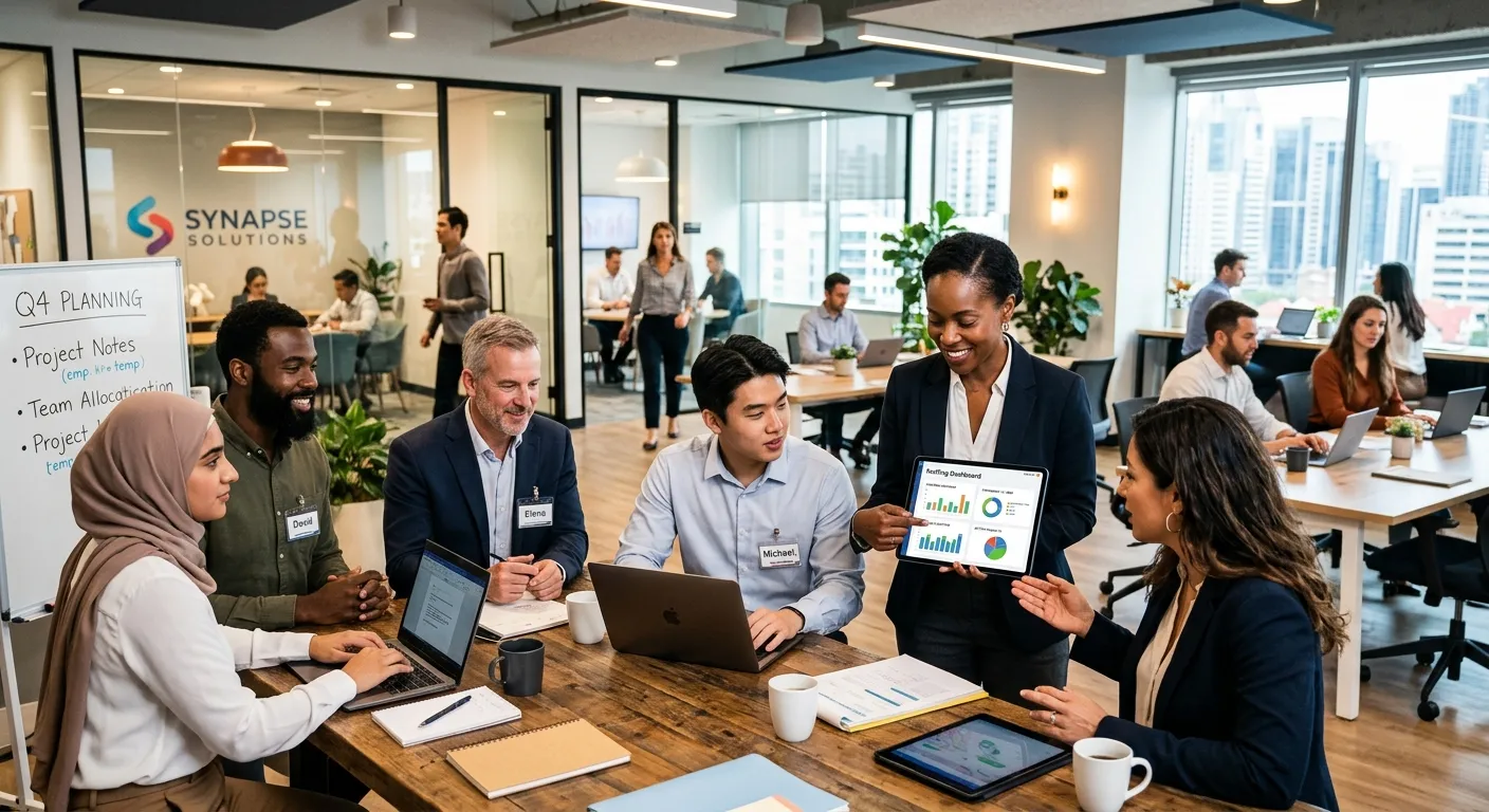 A modern, dynamic business office with a diverse team of temporary and permanent staff collaborating in the foreground. A manager is reviewing a tablet with a staffing dashboard. Style: Professional, vibrant, high-contrast. Mood: Energetic, efficient, and forward-thinking.