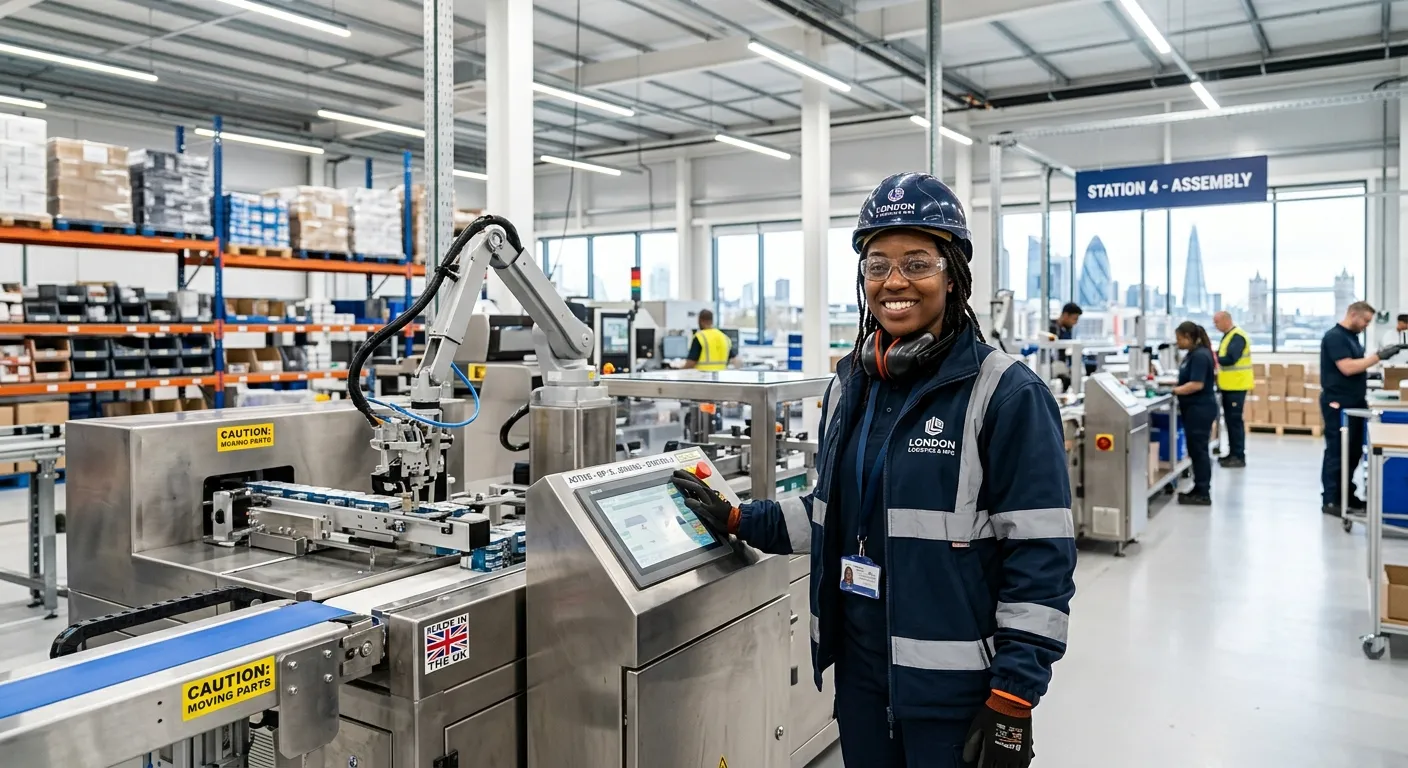 A professional, confident production operative in a clean, modern warehouse or factory environment i... A professional, confident production operative in a clean, modern warehouse or factory environment in London, wearing safety gear and operating machinery, looking at the camera with a smile. Bright, well-lit, professional photo style.
