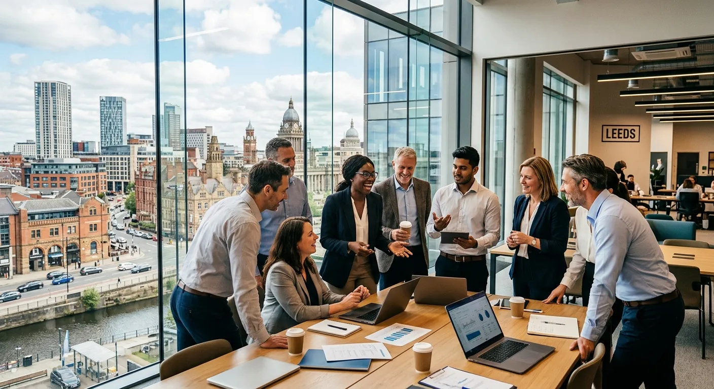 A dynamic, professional photo of the Leeds skyline (e.g., from the Royal Armouries) blending with a... A dynamic, professional photo of the Leeds skyline (e.g., from the Royal Armouries) blending with a diverse group of professionals in a modern office setting, symbolizing the connection between the city and talent.