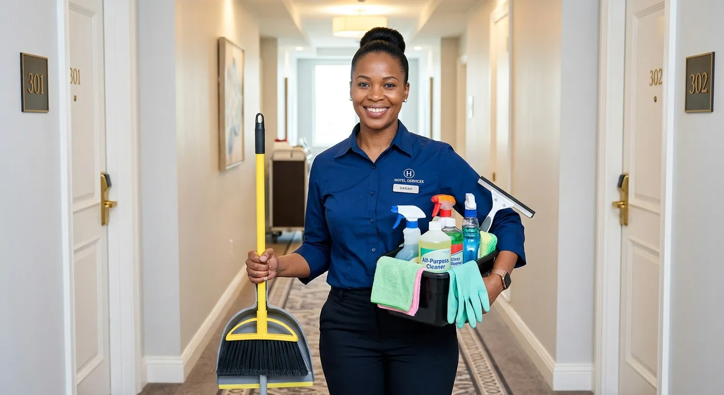 A professional, welcoming image of a person in a crisp, clean uniform holding cleaning supplies, smi... A professional, welcoming image of a person in a crisp, clean uniform holding cleaning supplies, smiling confidently. The setting is a bright, tidy hotel corridor or commercial kitchen, conveying professionalism and a positive work environment.